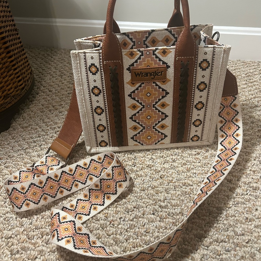 Wrangler Beige, Brown & Tan Patterned Canvas Tote with Detachable Strap